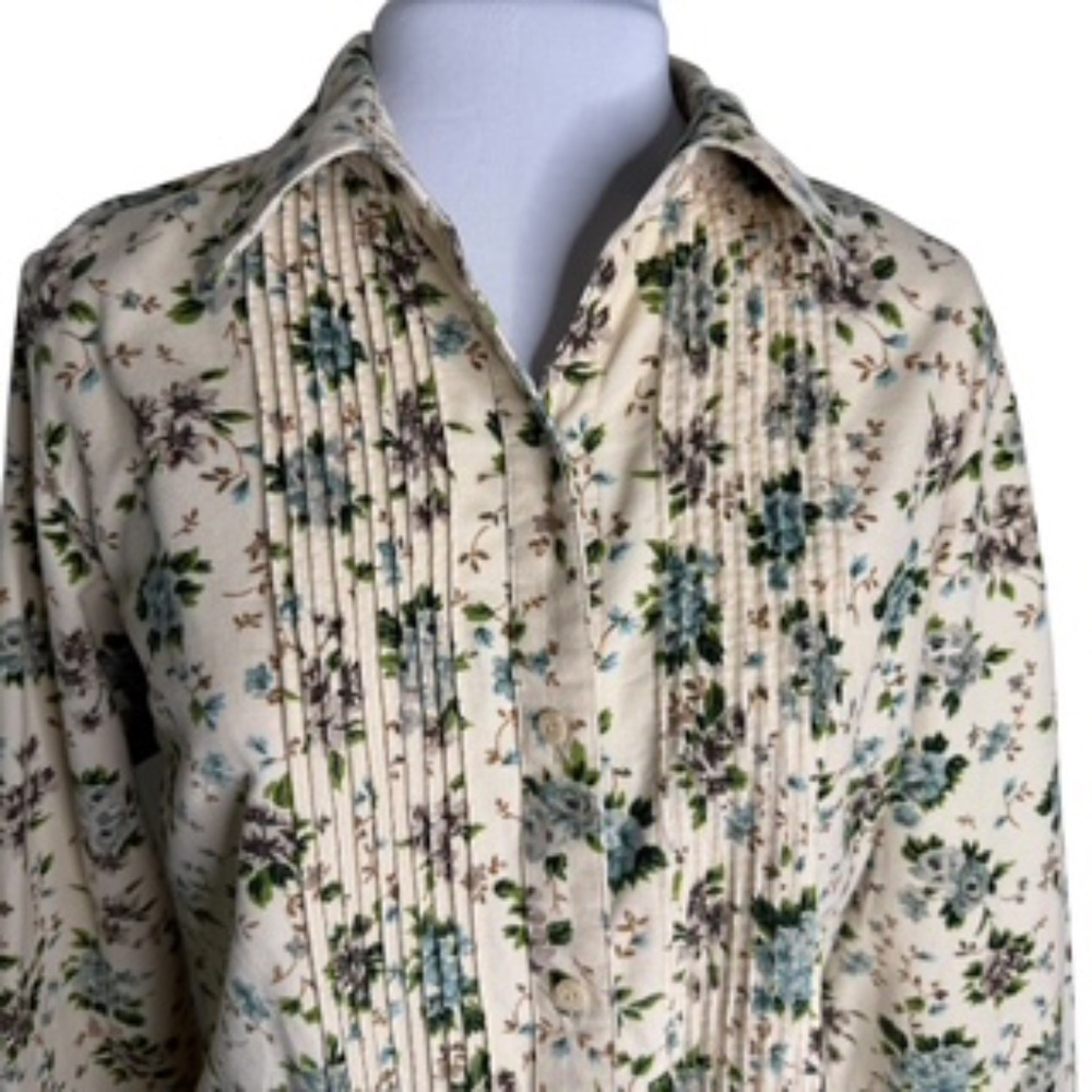 NWOT Liz Claiborne Long Sleeve Floral Button Down Corduroy Mini-Tucks Front Sz L - Picture 3 of 8